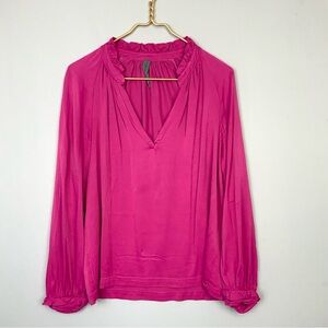 Raquel Allegra Sz 0 XS Fuchsia Silky V-Neck Flowy Poet Blouse Tunic Popover